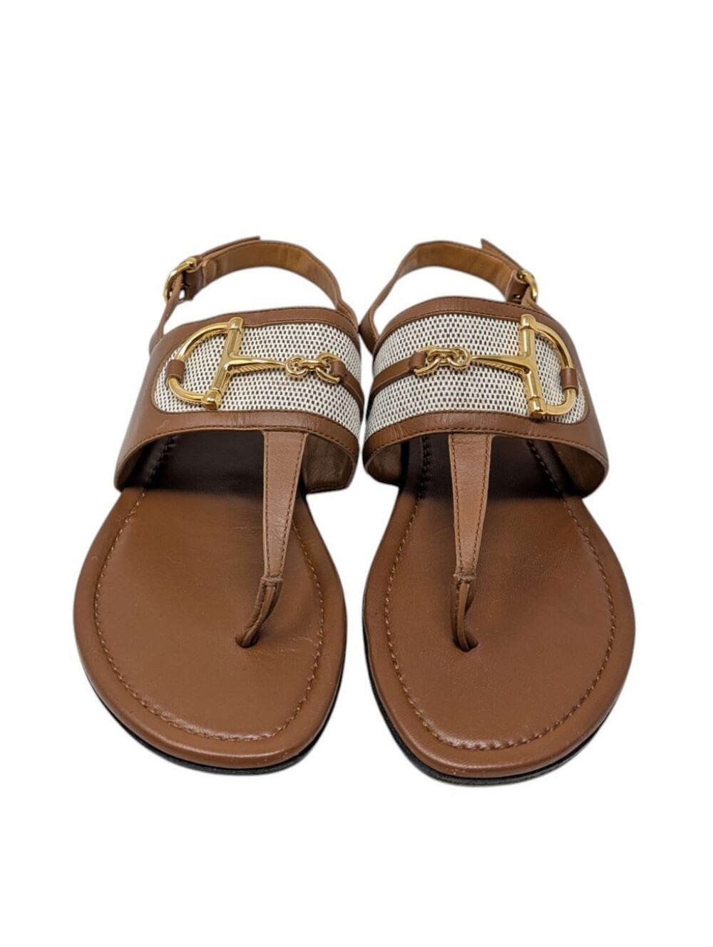 Gucci Alfa Brown Leather Canvas Thong Slingback Sandal Gold Horsebit Size EU 39 - Picture 6 of 10